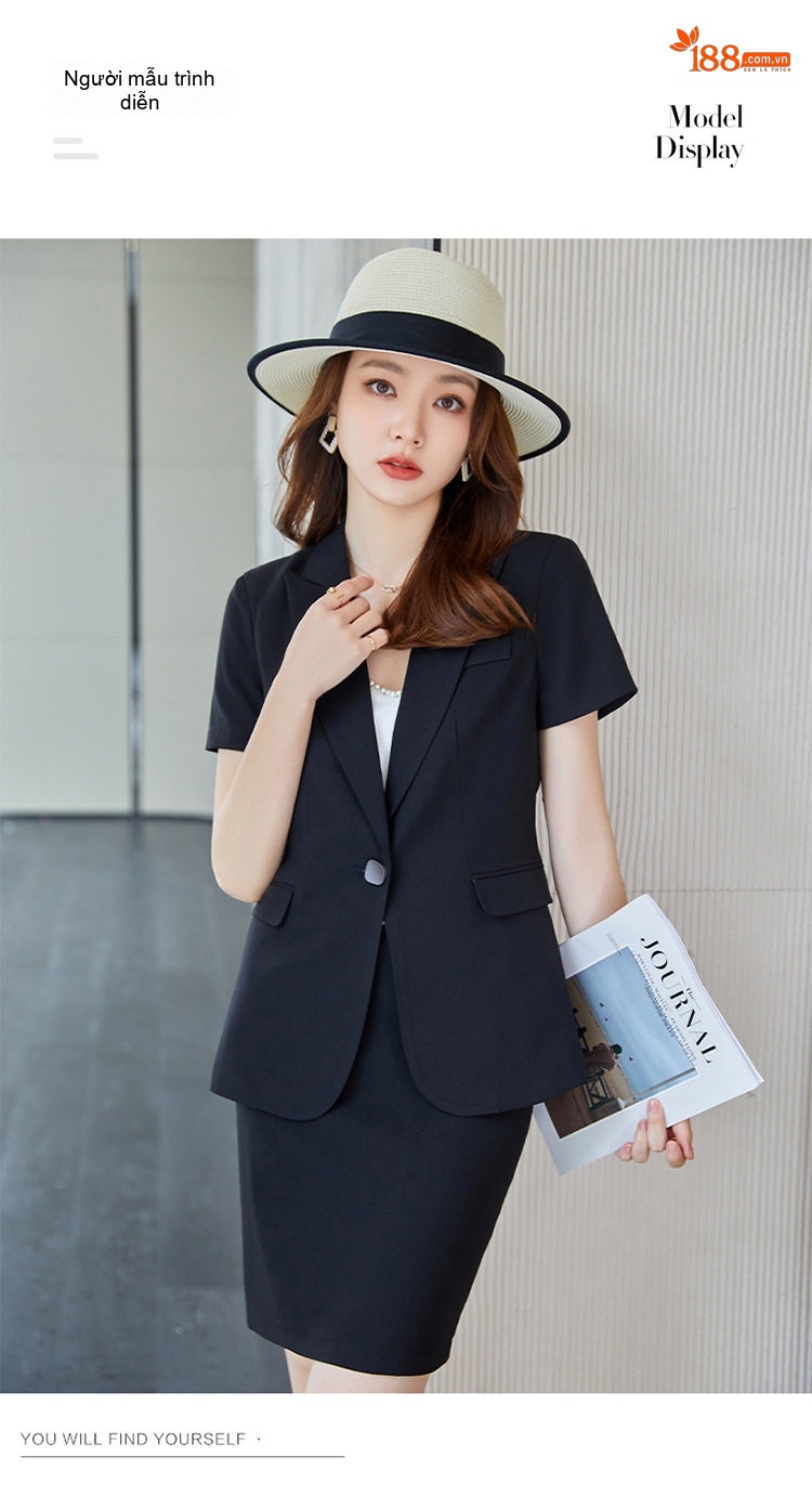 Bộ Vest Nữ Tay Ngắn Áo Blazer Quần/Chân Váy Công Sở Màu Đen, Trắng Ngà chi tiết 7