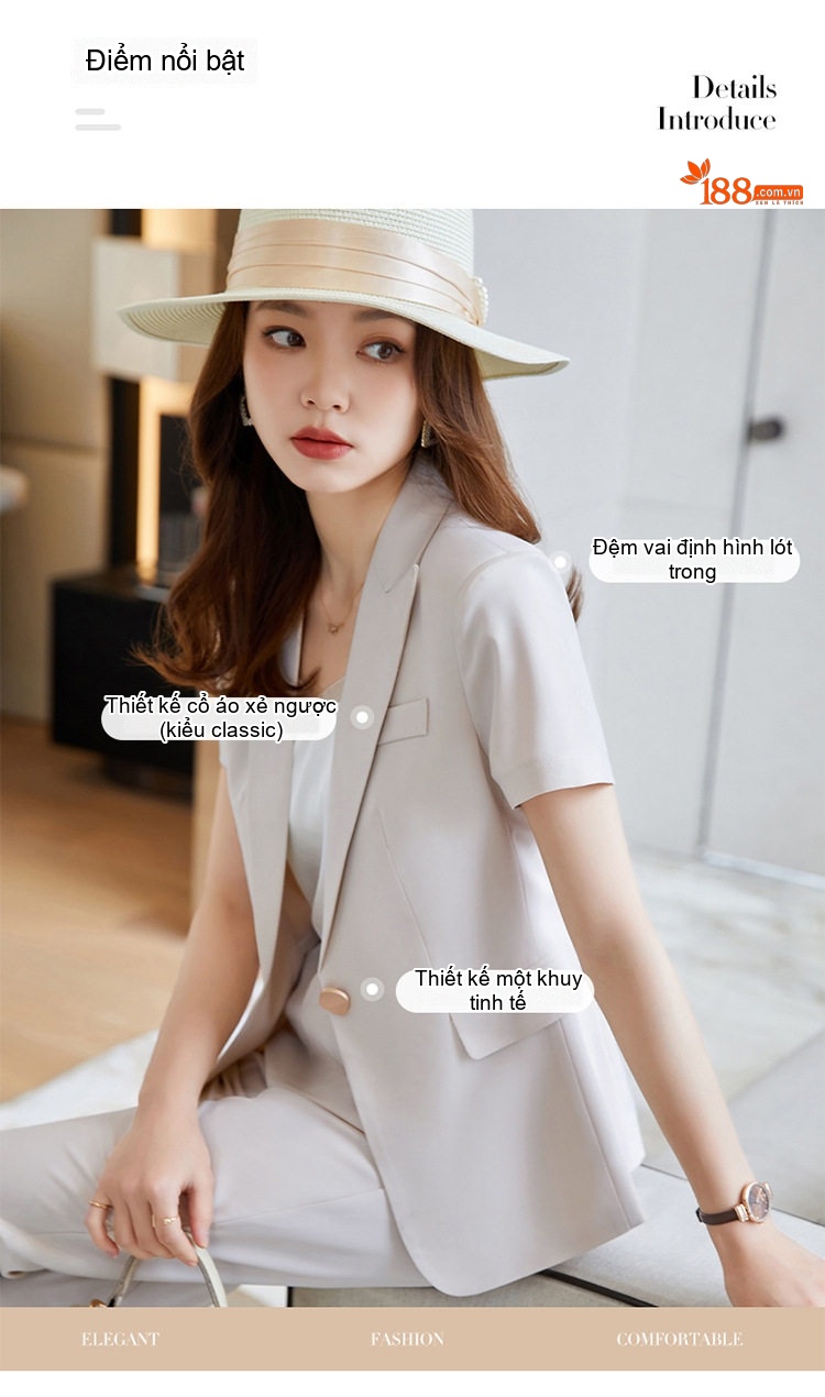 Bộ Vest Nữ Tay Ngắn Áo Blazer Quần/Chân Váy Công Sở Màu Đen, Trắng Ngà chi tiết 14
