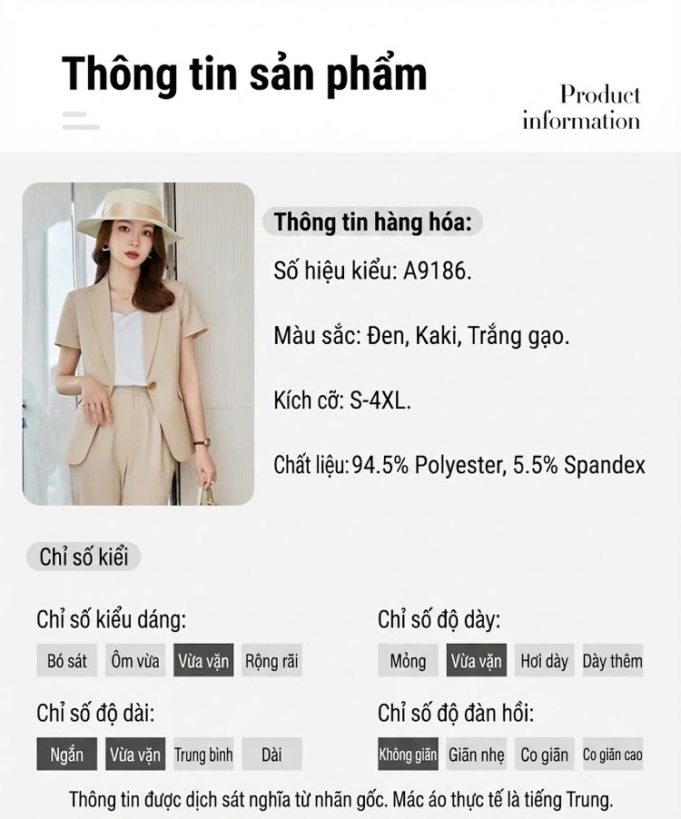 Bộ Vest Nữ Tay Ngắn Áo Blazer Quần/Chân Váy Công Sở Màu Đen, Trắng Ngà chi tiết 15