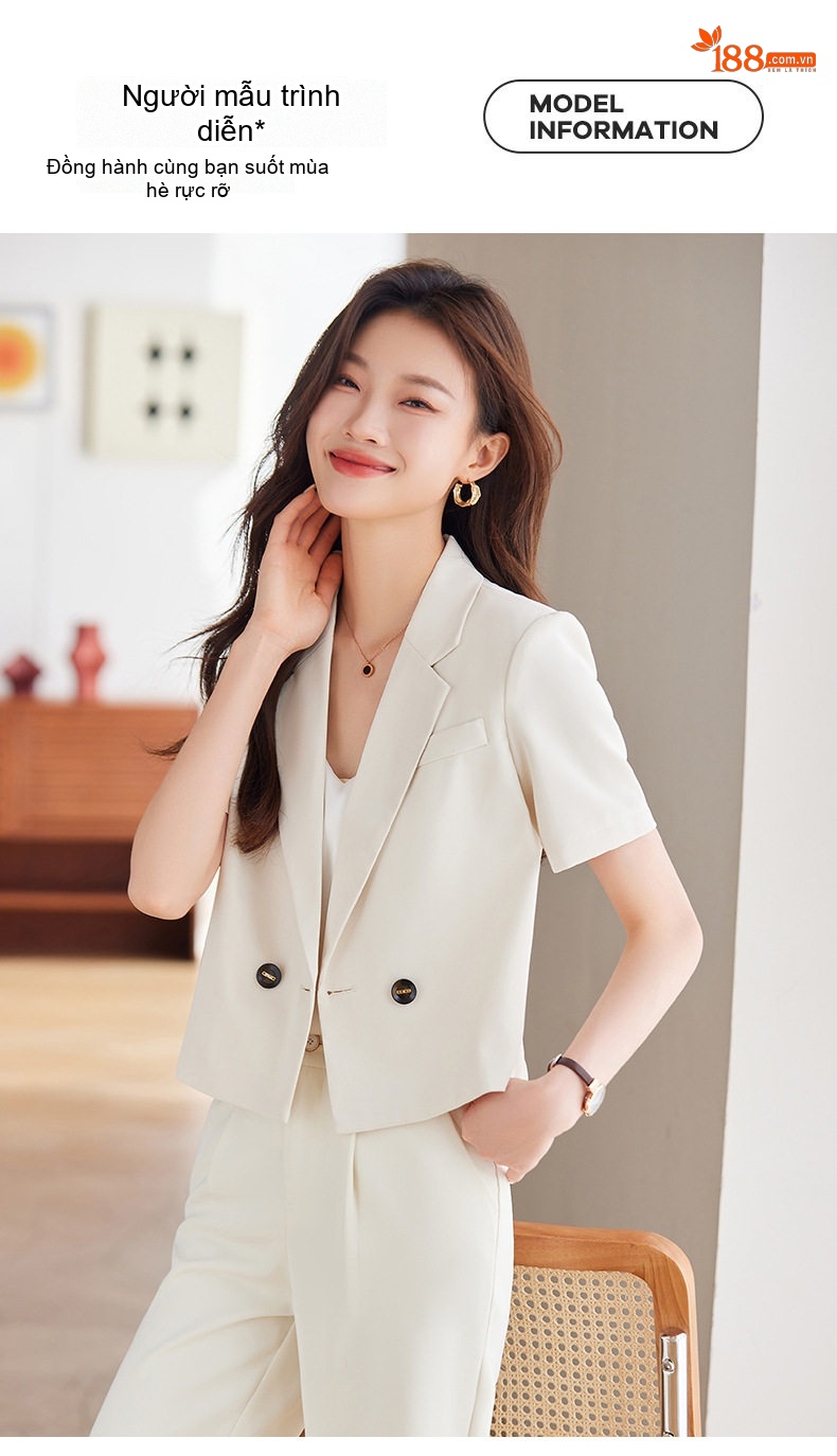 Bộ Vest Nữ Tay Ngắn Dáng Rộng Phong Cách Công Sở Màu Hồng, Đen, Trắng chi tiết 10
