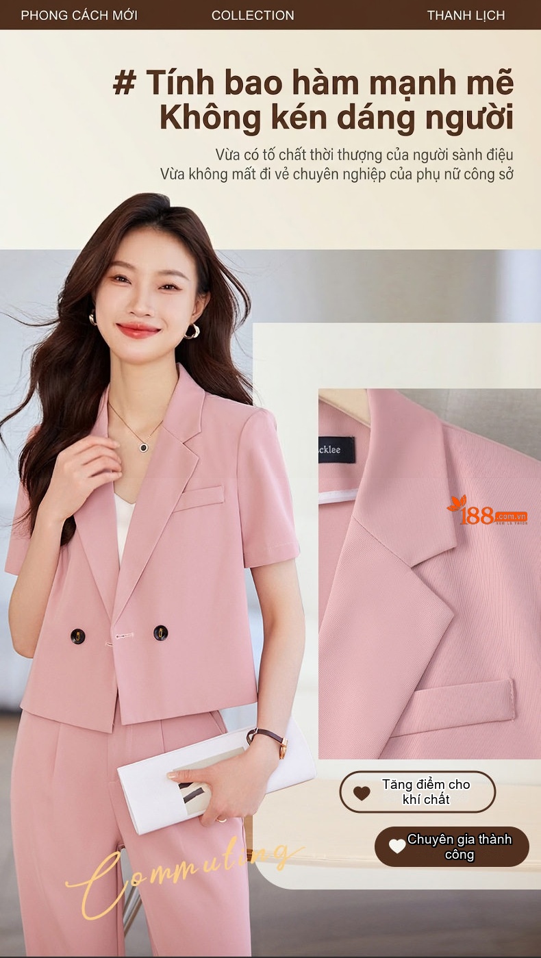 Bộ Vest Nữ Tay Ngắn Dáng Rộng Phong Cách Công Sở Màu Hồng, Đen, Trắng chi tiết 4