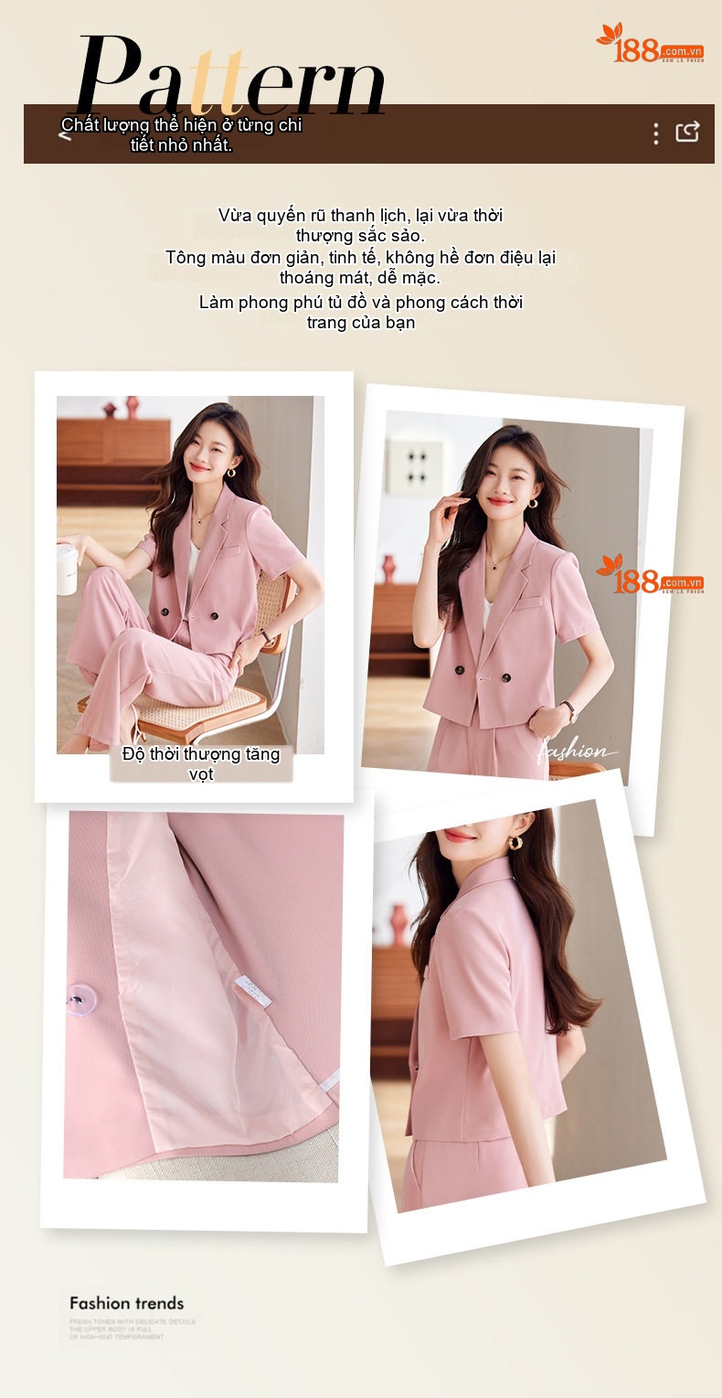 Bộ Vest Nữ Tay Ngắn Dáng Rộng Phong Cách Công Sở Màu Hồng, Đen, Trắng chi tiết 5
