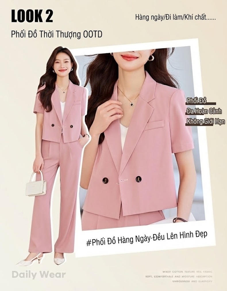 Bộ Vest Nữ Tay Ngắn Dáng Rộng Phong Cách Công Sở Màu Hồng, Đen, Trắng chi tiết 2