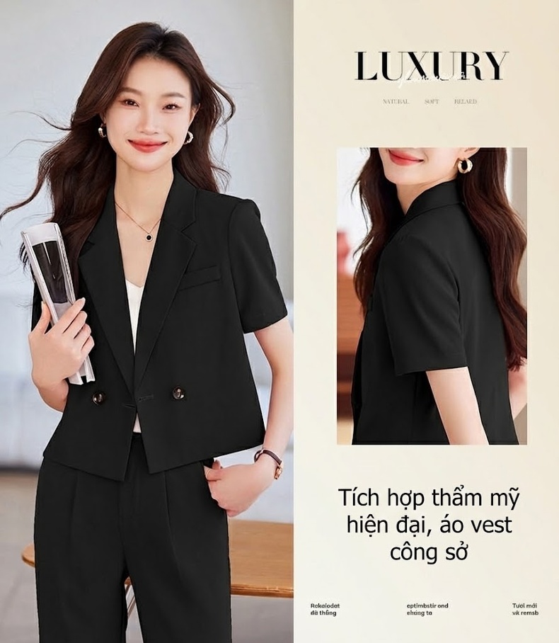 Bộ Vest Nữ Tay Ngắn Dáng Rộng Phong Cách Công Sở Màu Hồng, Đen, Trắng chi tiết 3