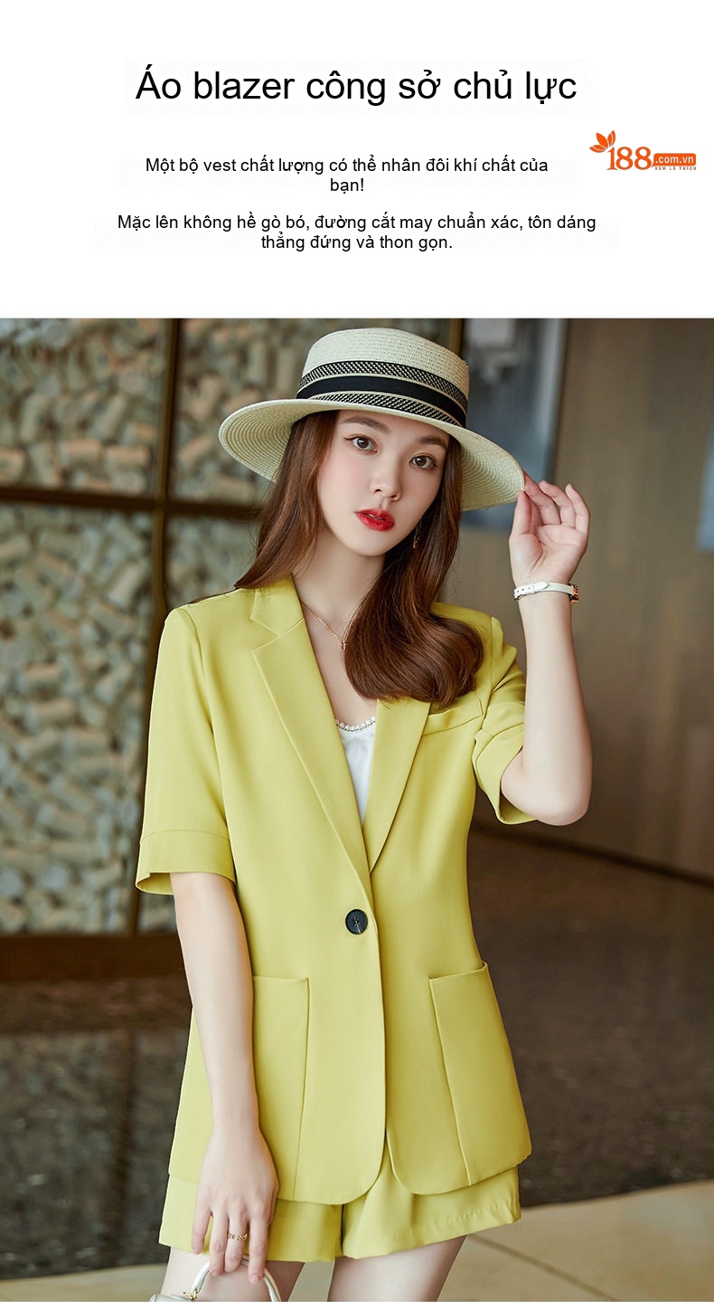 Bộ Vest Nữ Tay Ngắn Thiết Kế Mỏng Phong Cách Tiểu Thư Màu Trắng, Vàng, Đen chi tiết 7