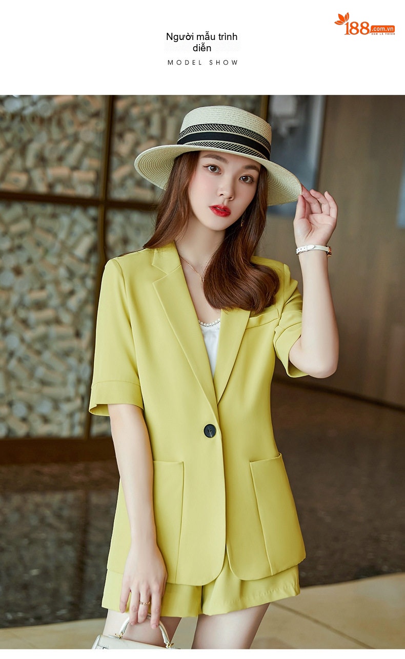 Bộ Vest Nữ Tay Ngắn Thiết Kế Mỏng Phong Cách Tiểu Thư Màu Trắng, Vàng, Đen chi tiết 13