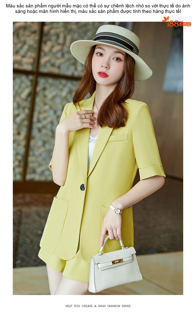 Bộ Vest Nữ Tay Ngắn Thiết Kế Mỏng Phong Cách Tiểu Thư Màu Trắng, Vàng, Đen chi tiết 14