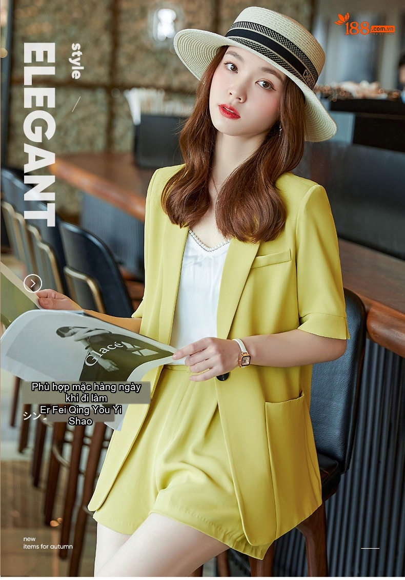 Bộ Vest Nữ Tay Ngắn Thiết Kế Mỏng Phong Cách Tiểu Thư Màu Trắng, Vàng, Đen chi tiết 2