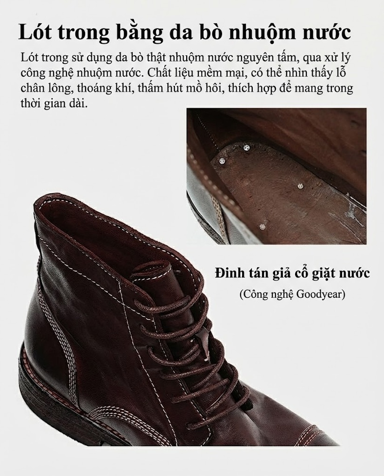 Boot Cao Cổ Nam Da Ngựa Chiều Cao Đế Khoảng 3cm Phong Cách Retro Anh Quốc Màu Đen, Nâu Đỏ chi tiết 17