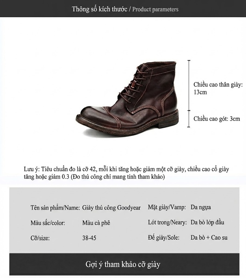 Boot Cao Cổ Nam Da Ngựa Chiều Cao Đế Khoảng 3cm Phong Cách Retro Anh Quốc Màu Đen, Nâu Đỏ chi tiết 20