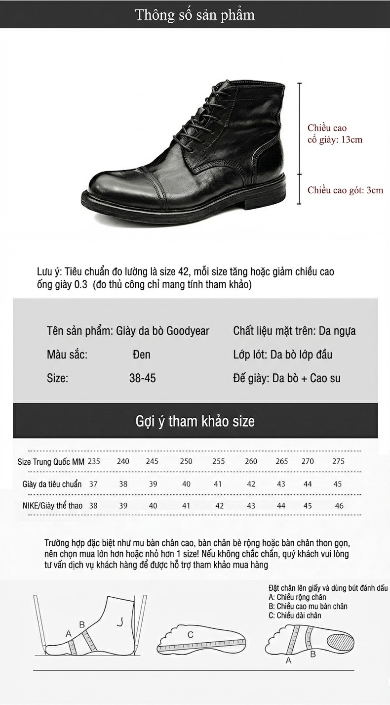 Boot Cao Cổ Nam Da Ngựa Chiều Cao Đế Khoảng 3cm Phong Cách Retro Anh Quốc Màu Đen, Nâu Đỏ chi tiết 8