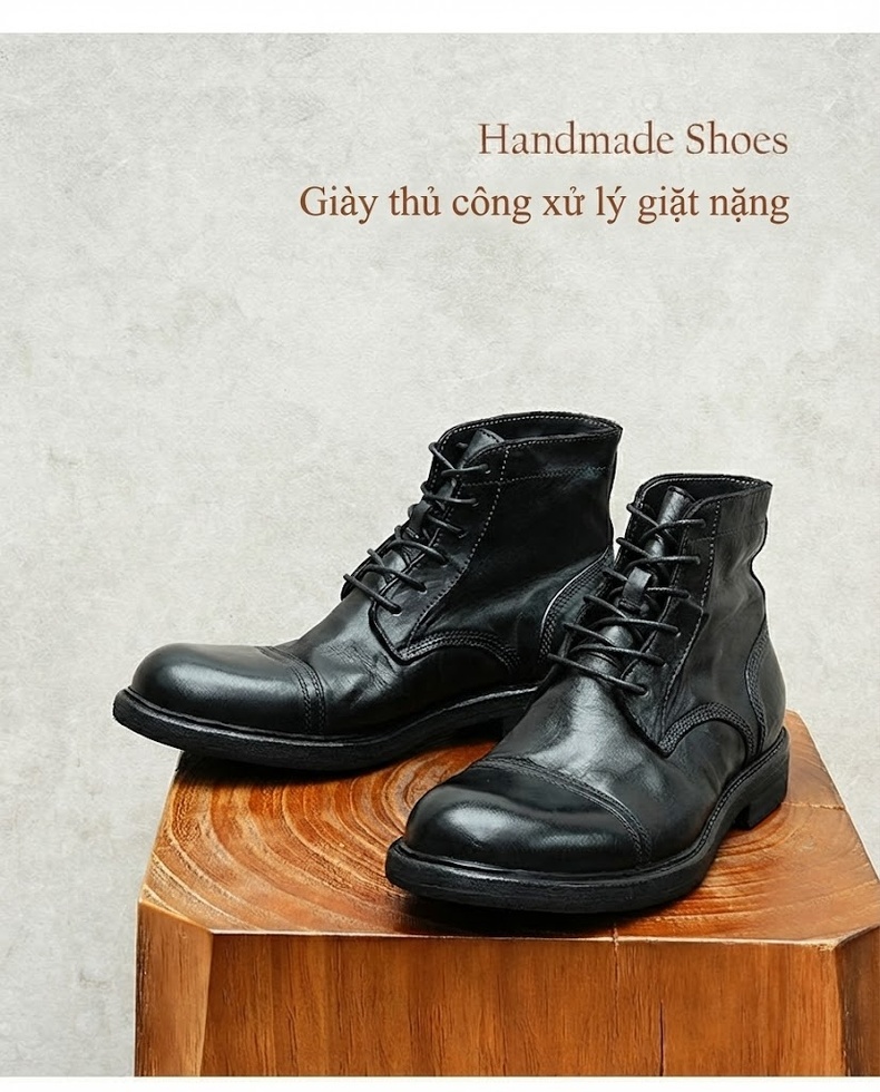 Boot Cao Cổ Nam Da Ngựa Chiều Cao Đế Khoảng 3cm Phong Cách Retro Anh Quốc Màu Đen, Nâu Đỏ chi tiết 1