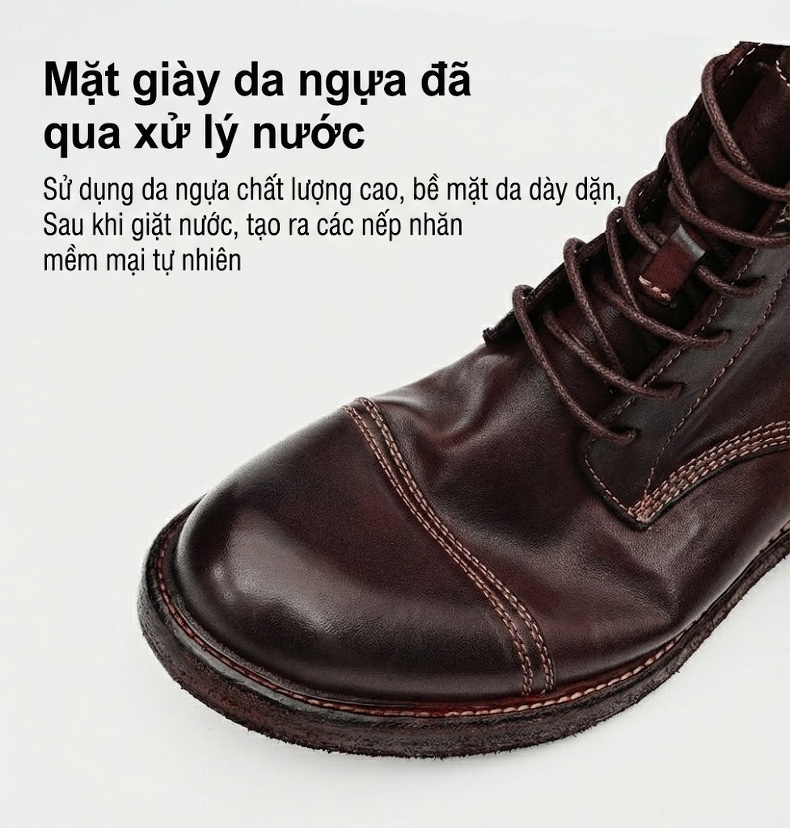 Boot Cao Cổ Nam Da Ngựa Chiều Cao Đế Khoảng 3cm Phong Cách Retro Anh Quốc Màu Đen, Nâu Đỏ chi tiết 16