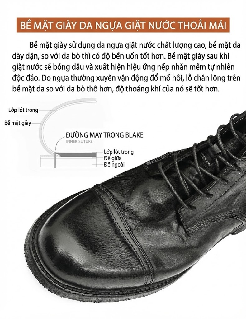 Boot Cao Cổ Nam Da Ngựa Chiều Cao Đế Khoảng 3cm Phong Cách Retro Anh Quốc Màu Đen, Nâu Đỏ chi tiết 4