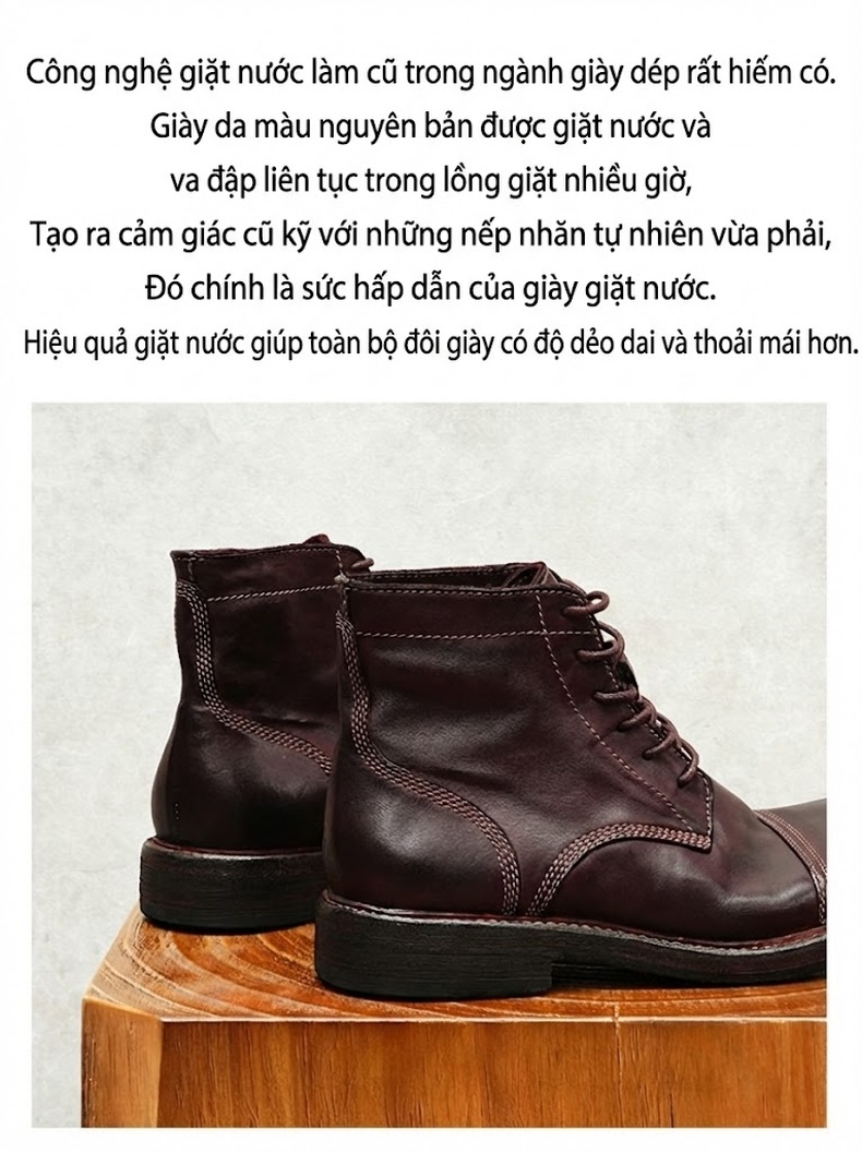 Boot Cao Cổ Nam Da Ngựa Chiều Cao Đế Khoảng 3cm Phong Cách Retro Anh Quốc Màu Đen, Nâu Đỏ chi tiết 14