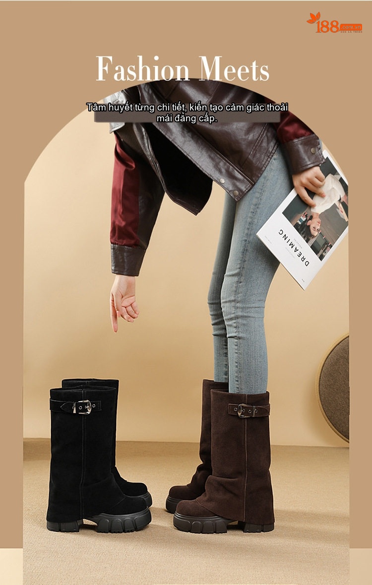 Boot Cao Cổ Nữ Da Mờ Khóa Cài Chiều Cao Đế Khoảng 5cm Màu Nâu, Đen chi tiết 1