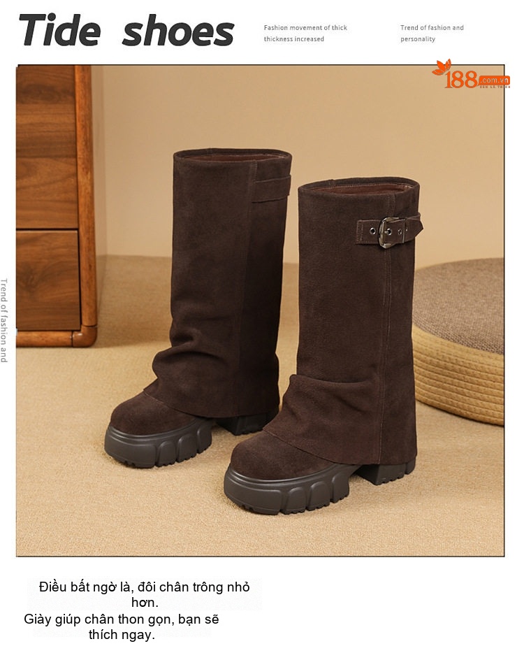 Boot Cao Cổ Nữ Da Mờ Khóa Cài Chiều Cao Đế Khoảng 5cm Màu Nâu, Đen chi tiết 3