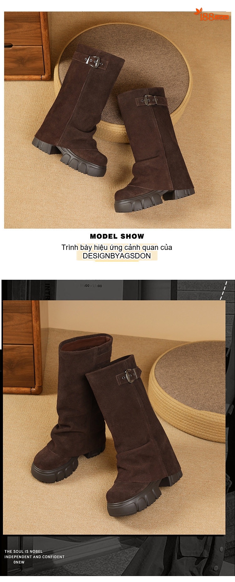 Boot Cao Cổ Nữ Da Mờ Khóa Cài Chiều Cao Đế Khoảng 5cm Màu Nâu, Đen chi tiết 4