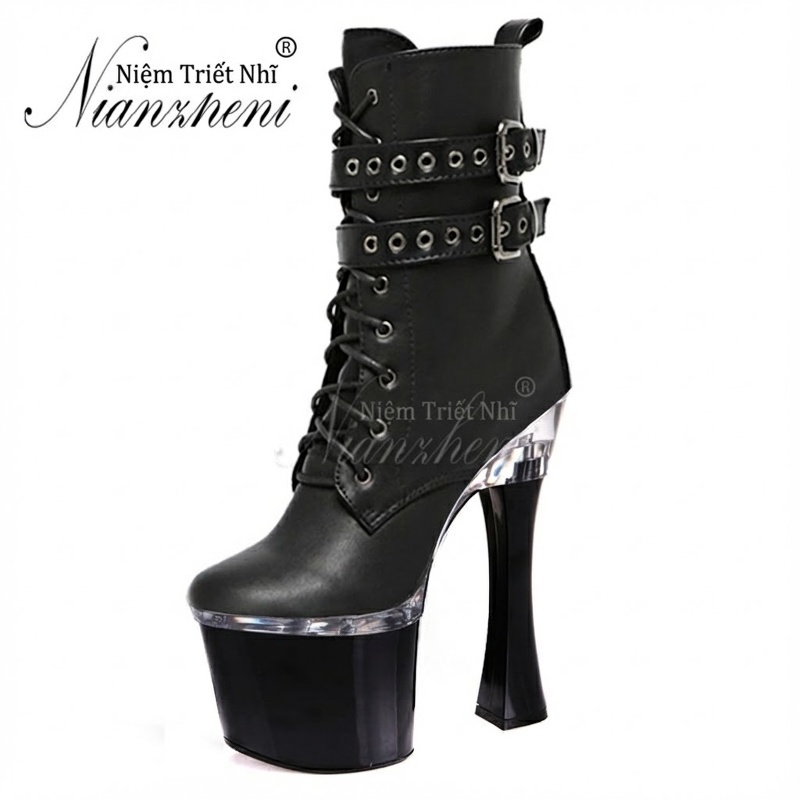 Boot Cao Gót Nữ 15cm, 17cm Cổ Ngắn Đinh Tán Dây Buộc Chiều Cao Đế Khoảng 7cm Màu Đen