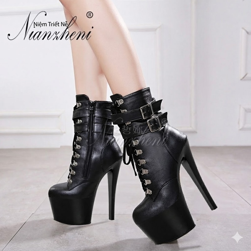 Boot Cao Gót Nữ 15cm, 17cm Cổ Ngắn Đinh Tán Dây Buộc Chiều Cao Đế Khoảng 7cm Màu Đen chi tiết 4