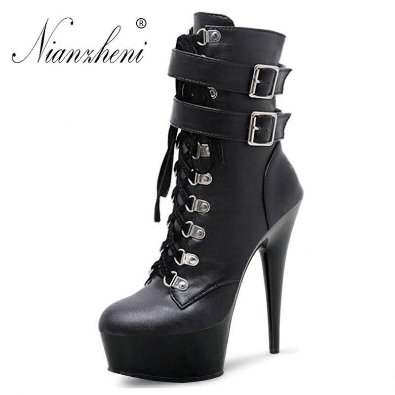 Boot Cao Gót Nữ 15cm, 17cm Cổ Ngắn Đinh Tán Dây Buộc Chiều Cao Đế Khoảng 7cm Màu Đen
