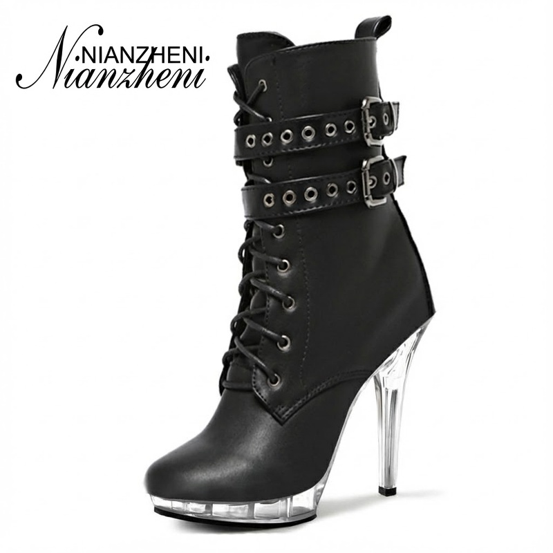 Boot Cao Gót Nữ 15cm, 17cm Cổ Ngắn Đinh Tán Dây Buộc Chiều Cao Đế Khoảng 7cm Màu Đen
