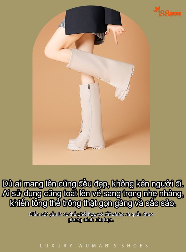 Boot Cao Gót Nữ Da Bóng Dáng Dài Tăng Chiều Cao Bên Trong 10cm Phong Cách Anh Quốc Màu Đen, Kem chi tiết 2