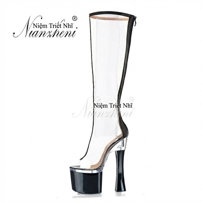 Boot Cao Gót Nữ Trong Suốt Cao Cổ Chiều Cao Đế 17cm Màu Trong Suốt, Đen