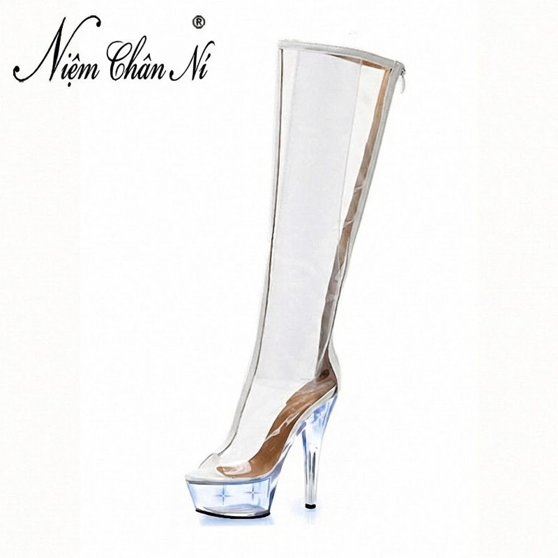Boot Cao Gót Nữ Trong Suốt Cao Cổ Chiều Cao Đế 17cm Màu Trong Suốt, Đen chi tiết 14