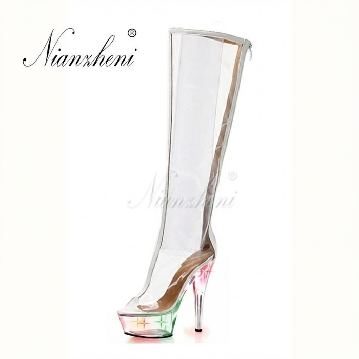 Boot Cao Gót Nữ Trong Suốt Cao Cổ Chiều Cao Đế 17cm Màu Trong Suốt, Đen