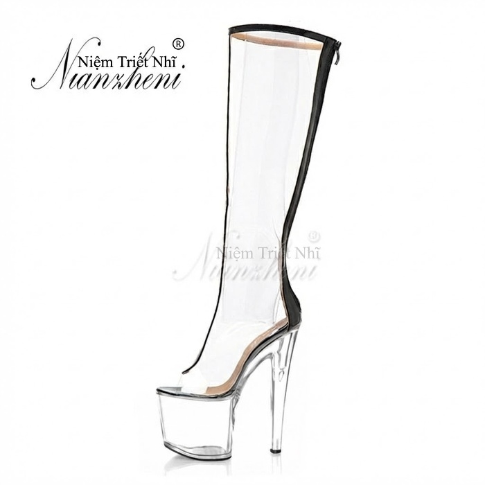 Boot Cao Gót Nữ Trong Suốt Cao Cổ Chiều Cao Đế 17cm Màu Trong Suốt, Đen