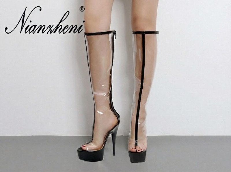 Boot Cao Gót Nữ Trong Suốt Cao Cổ Chiều Cao Đế 17cm Màu Trong Suốt, Đen
