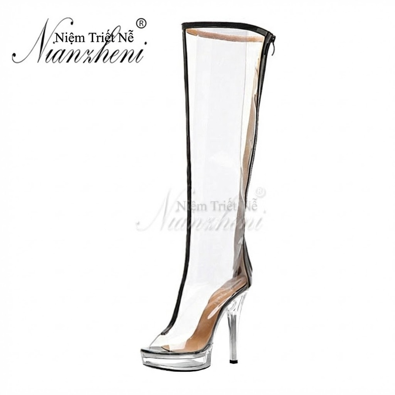 Boot Cao Gót Nữ Trong Suốt Cao Cổ Chiều Cao Đế 17cm Màu Trong Suốt, Đen