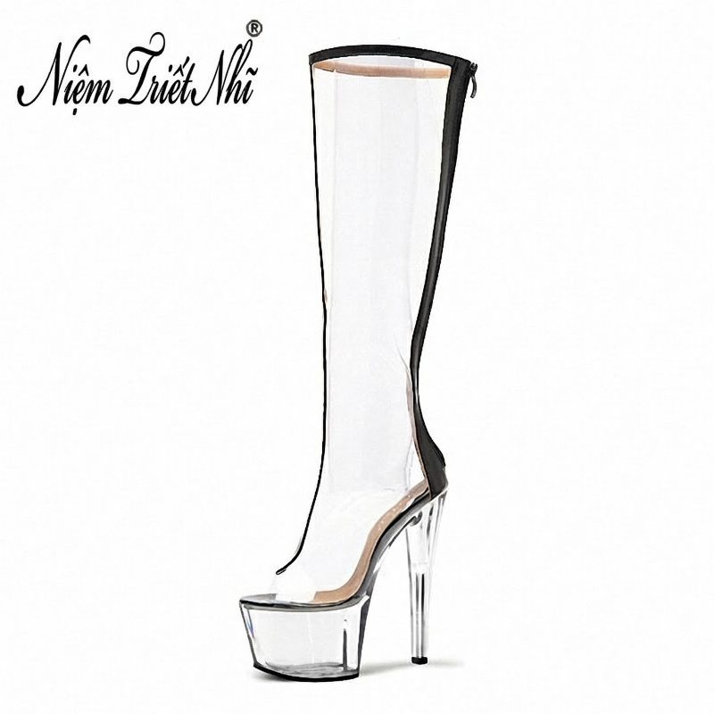 Boot Cao Gót Nữ Trong Suốt Cao Cổ Chiều Cao Đế 17cm Màu Trong Suốt, Đen
