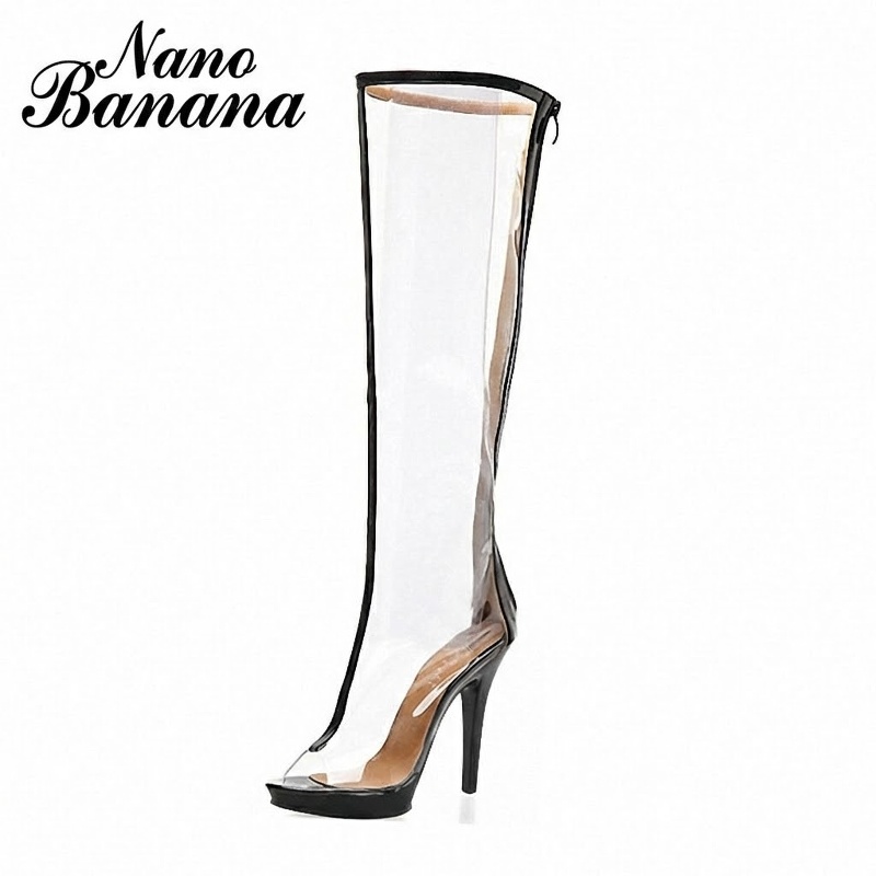 Boot Cao Gót Nữ Trong Suốt Cao Cổ Chiều Cao Đế 17cm Màu Trong Suốt, Đen