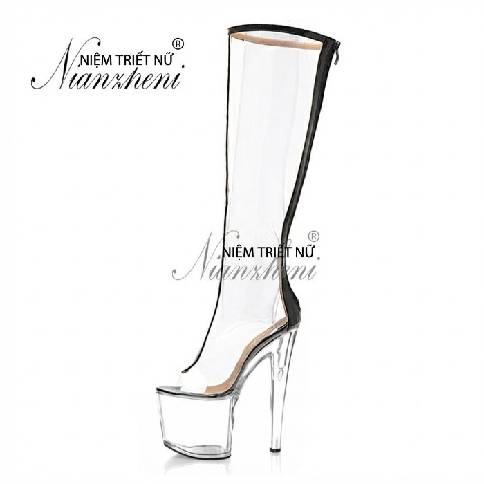 Boot Cao Gót Nữ Trong Suốt Cao Cổ Chiều Cao Đế 17cm Màu Trong Suốt, Đen chi tiết 24