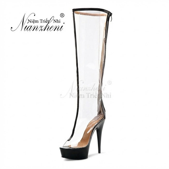 Boot Cao Gót Nữ Trong Suốt Cao Cổ Chiều Cao Đế 17cm Màu Trong Suốt, Đen chi tiết 10
