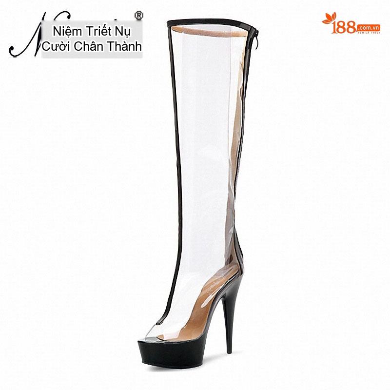 Boot Cao Gót Nữ Trong Suốt Cao Cổ Chiều Cao Đế 17cm Màu Trong Suốt, Đen