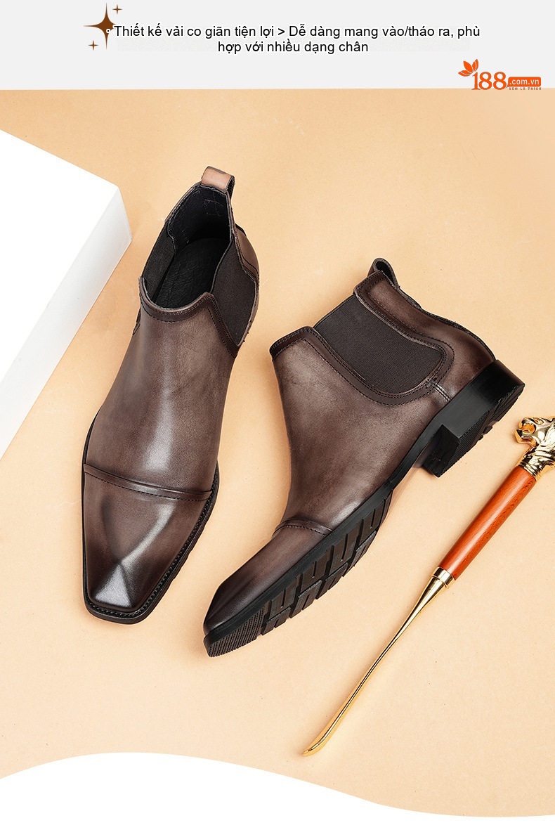 Boot Chelsea Nam Da Bò Cao Cổ Chiều Cao Đế Khoảng 3cm Màu Đen, Nâu chi tiết 4