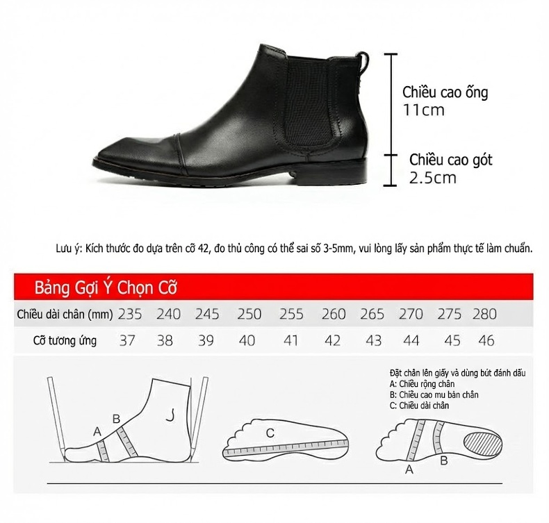 Boot Chelsea Nam Da Bò Cao Cổ Chiều Cao Đế Khoảng 3cm Màu Đen, Nâu chi tiết 6