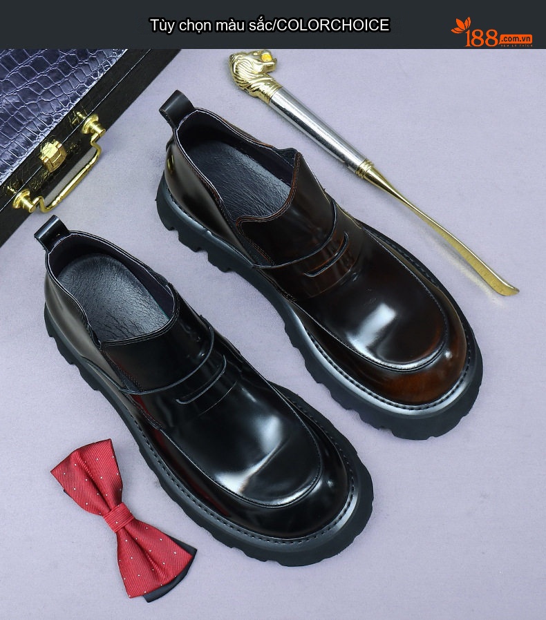 Boot Chelsea Nam Da Bò Cao Cổ Da Bóng Chiều Cao Đế Khoảng 5cm Màu Đen, Nâu chi tiết 2