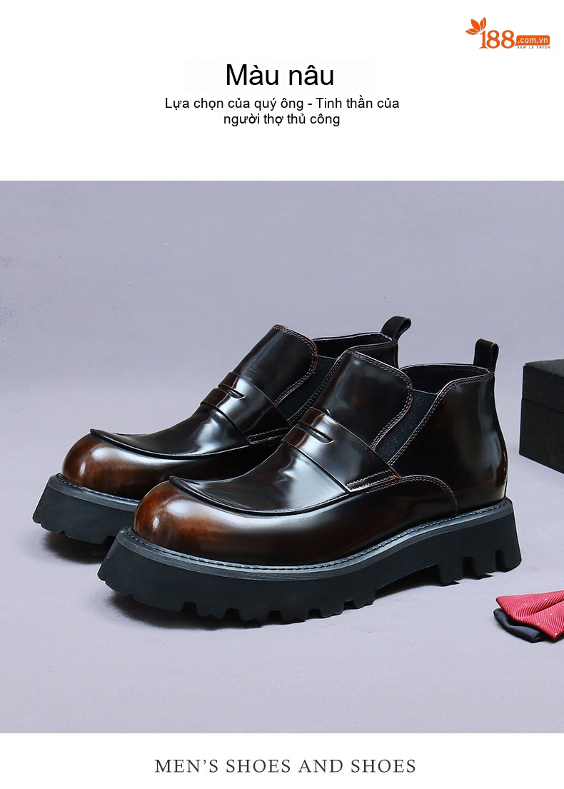 Boot Chelsea Nam Da Bò Cao Cổ Da Bóng Chiều Cao Đế Khoảng 5cm Màu Đen, Nâu chi tiết 4