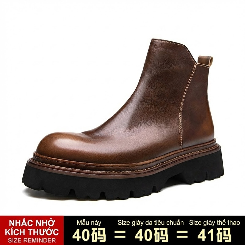 Boot Chelsea Nam Da Bò Cổ Lửng Khóa Kéo Chiều Cao Đế Khoảng 5cm Màu Đen, Nâu