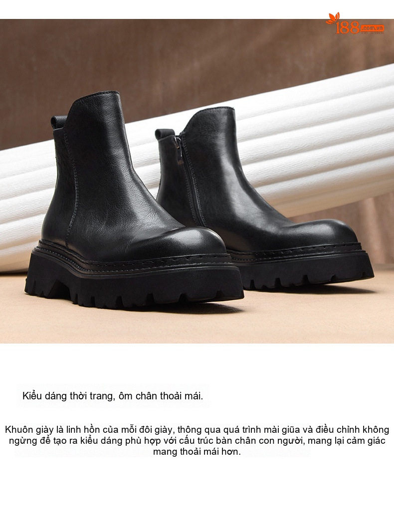 Boot Chelsea Nam Da Bò Cổ Lửng Khóa Kéo Chiều Cao Đế Khoảng 5cm Màu Đen, Nâu chi tiết 3