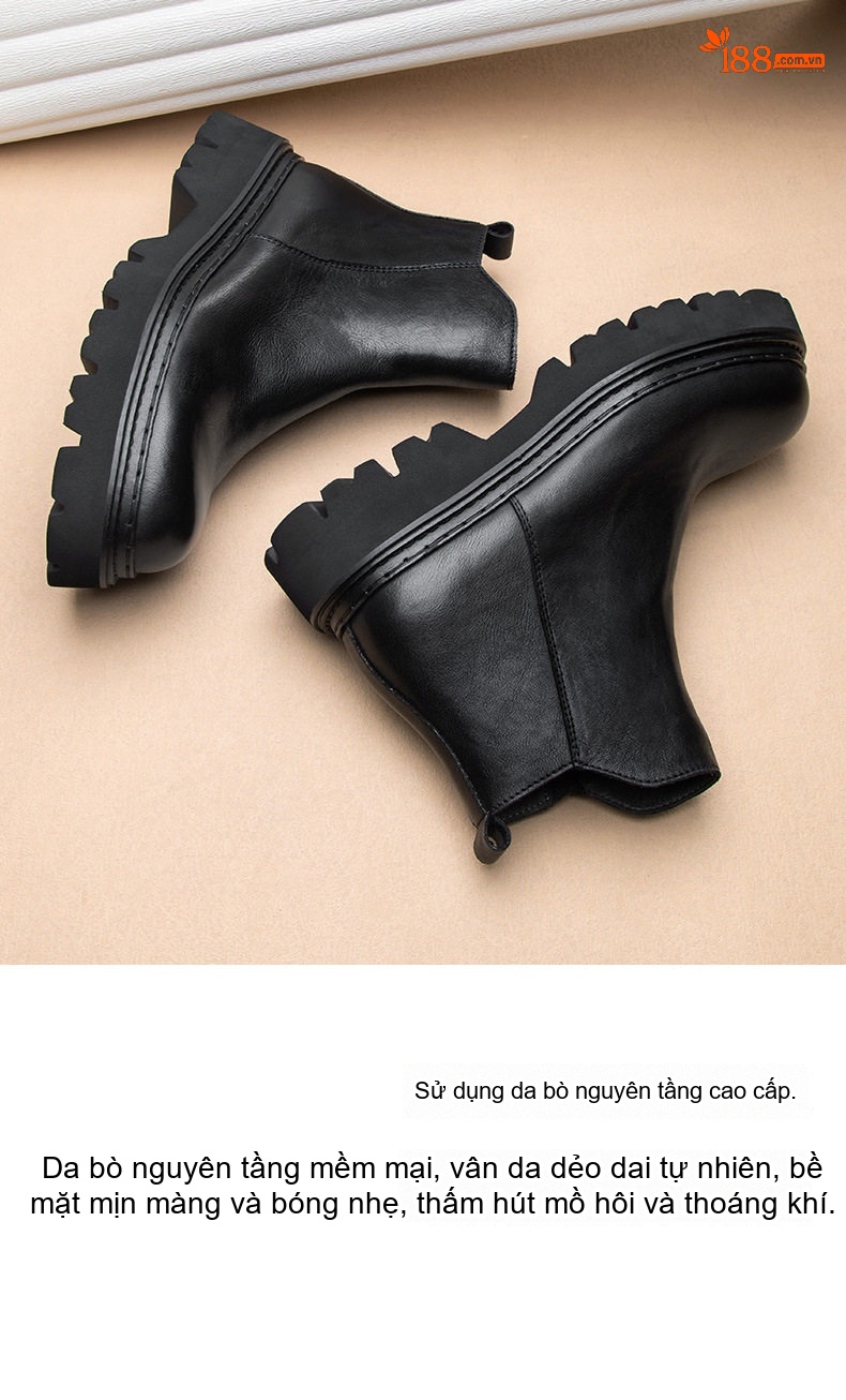 Boot Chelsea Nam Da Bò Cổ Lửng Khóa Kéo Chiều Cao Đế Khoảng 5cm Màu Đen, Nâu chi tiết 4