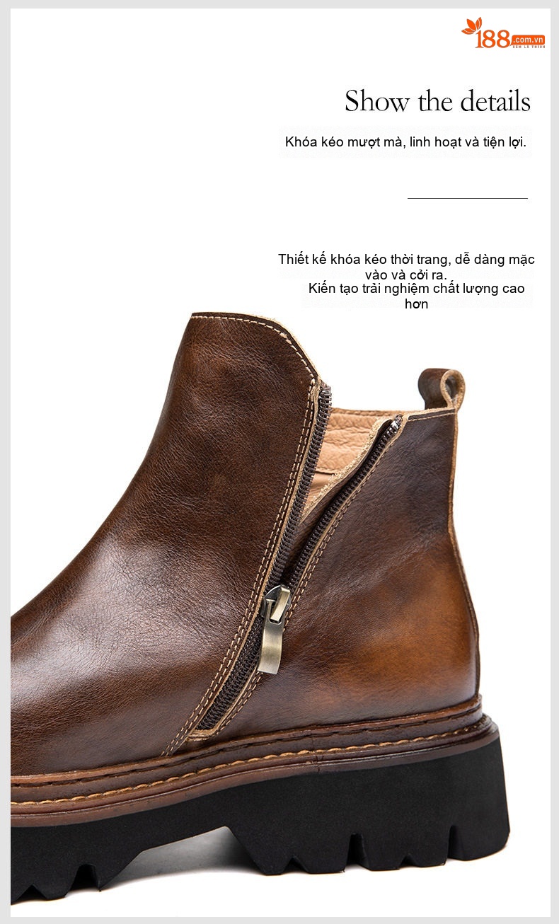 Boot Chelsea Nam Da Bò Cổ Lửng Khóa Kéo Chiều Cao Đế Khoảng 5cm Màu Đen, Nâu chi tiết 10
