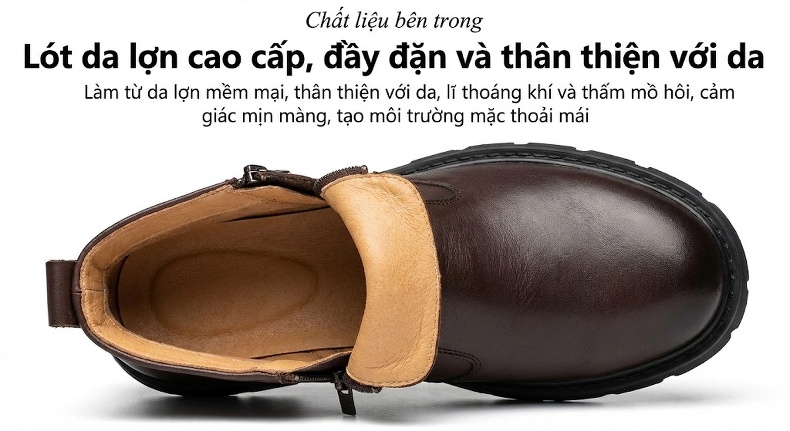 Boot Chelsea Nam Da Bò Cổ Lửng Khóa Kéo Chiều Cao Đế Khoảng 5cm Màu Đen, Nâu chi tiết 11