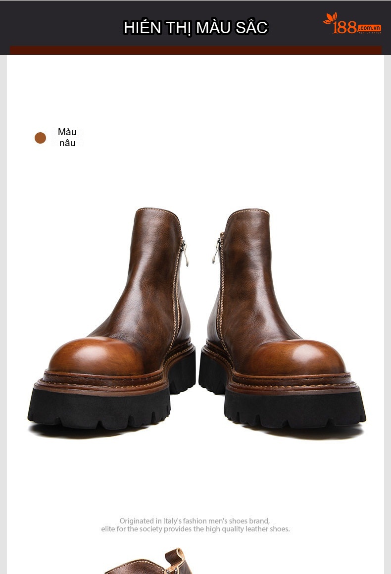 Boot Chelsea Nam Da Bò Cổ Lửng Khóa Kéo Chiều Cao Đế Khoảng 5cm Màu Đen, Nâu chi tiết 13