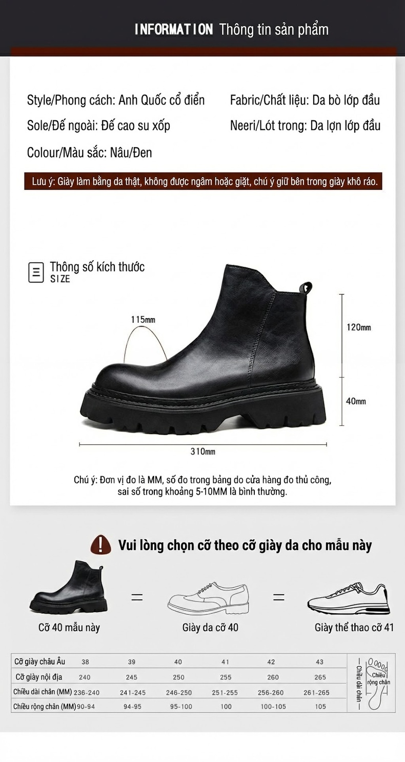 Boot Chelsea Nam Da Bò Cổ Lửng Khóa Kéo Chiều Cao Đế Khoảng 5cm Màu Đen, Nâu chi tiết 7