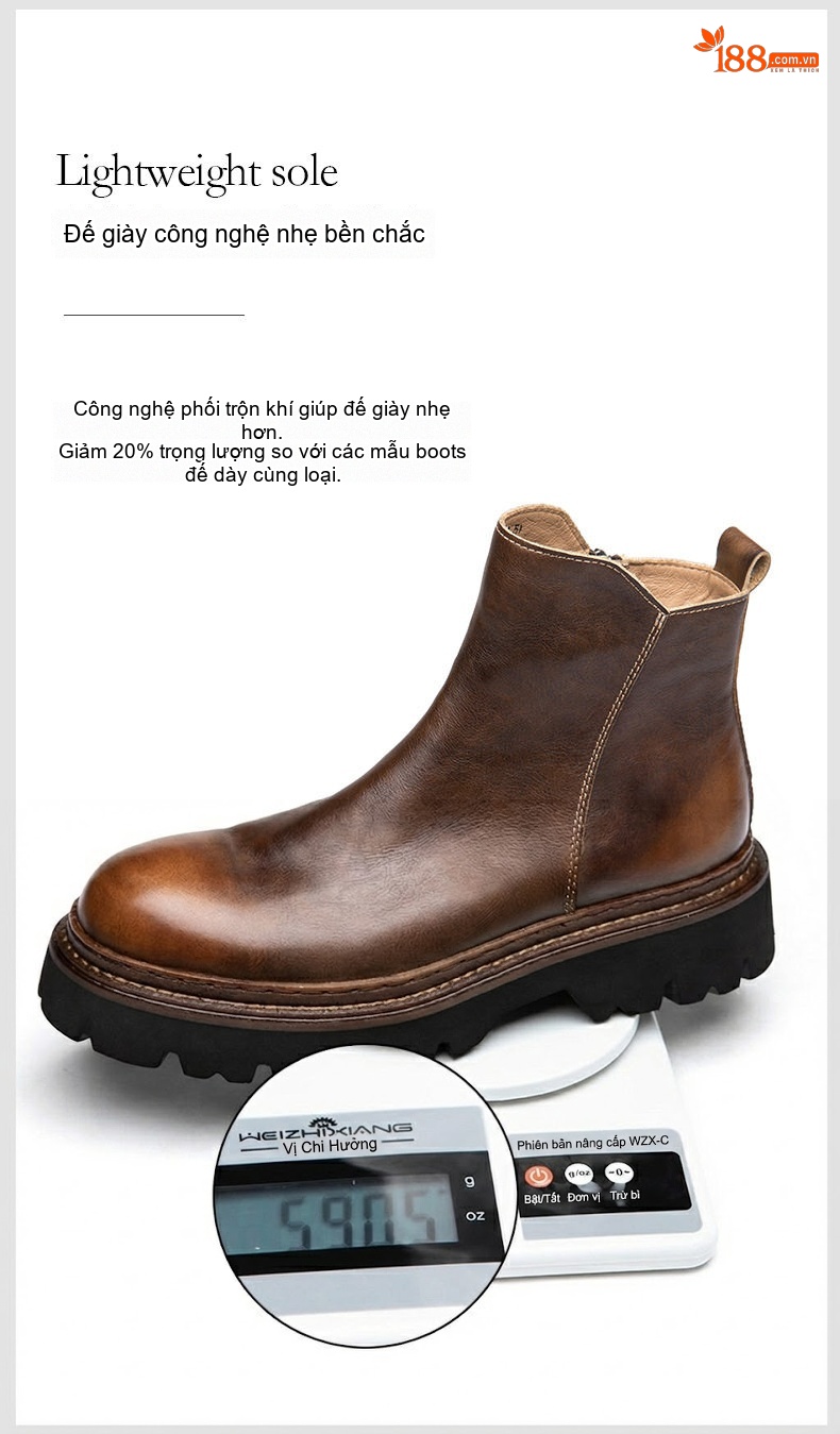 Boot Chelsea Nam Da Bò Cổ Lửng Khóa Kéo Chiều Cao Đế Khoảng 5cm Màu Đen, Nâu chi tiết 9